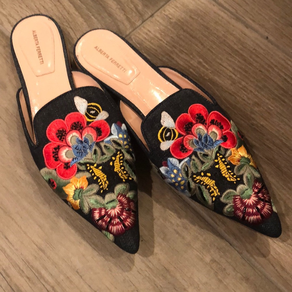 Alberta Ferretti - Embroidered denim mules
